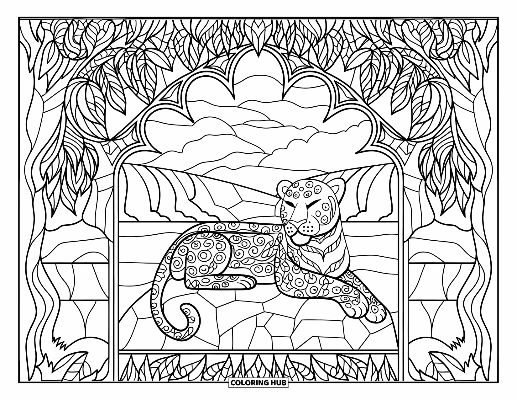 Panther Coloring Page for Adults: A sleeping panther rests under a vine-covered arch with a scenic, patterned background