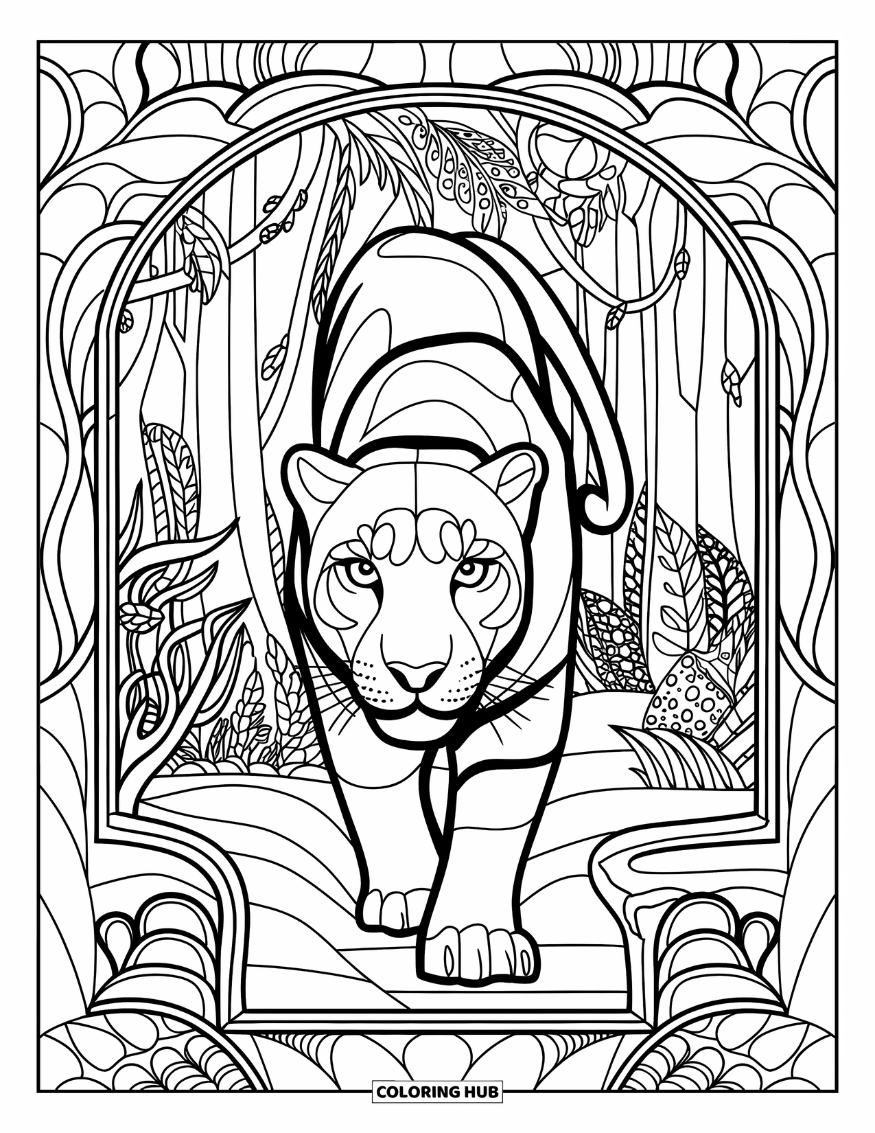 Panther Coloring Page for Adults: A walking panther is framed by detailed jungle vines, leaves, and trees