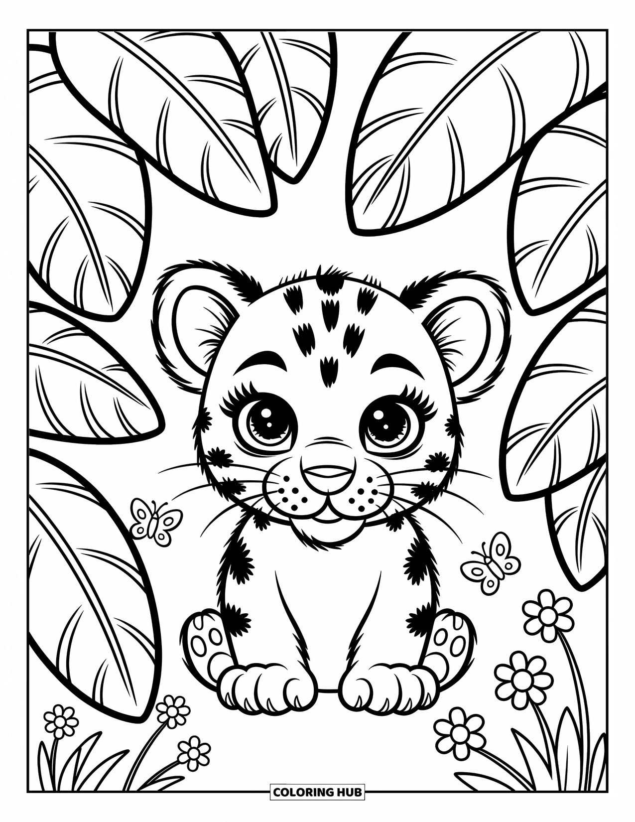 Panther Coloring Page for Adults: A wide-eyed cub peeks from behind leaves, surrounded by butterflies and blooms