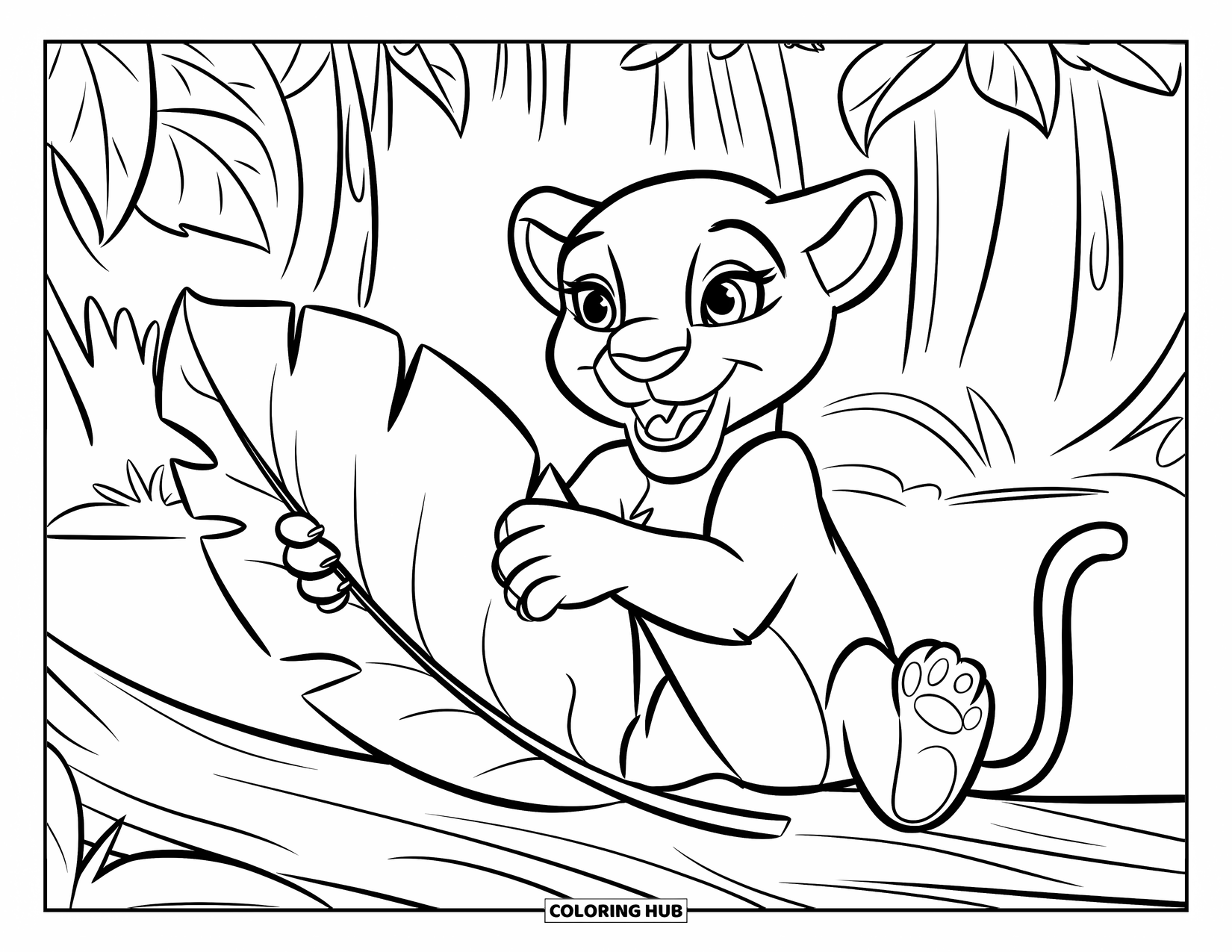 Panther Coloring Page for Kids: A cheerful cub sits on a log, holding a large jungle leaf
