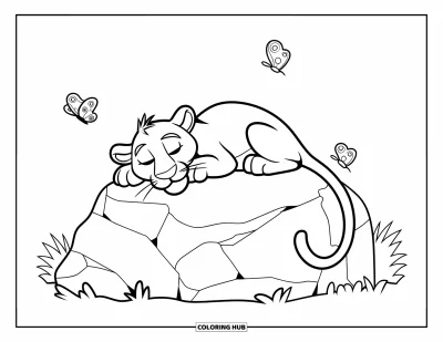 Panther-Ausmalbild für Kinder: Ein entspannter Panther schläft friedlich auf einem großen Felsen, umgeben von Schmetterlingen