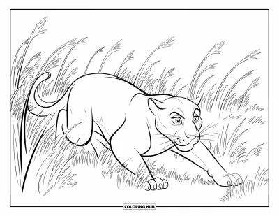 Panther-Ausmalbild für Kinder: Ein kauernder Panther wartet still im wogenden hohen Gras einer weiten Ebene