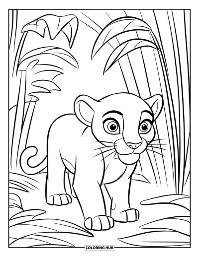 Panther-Ausmalbild für Kinder: Ein neugieriges Jungtier läuft über blätterbewachsenen Boden, umgeben von hohen, geschwungenen Dschungelblättern