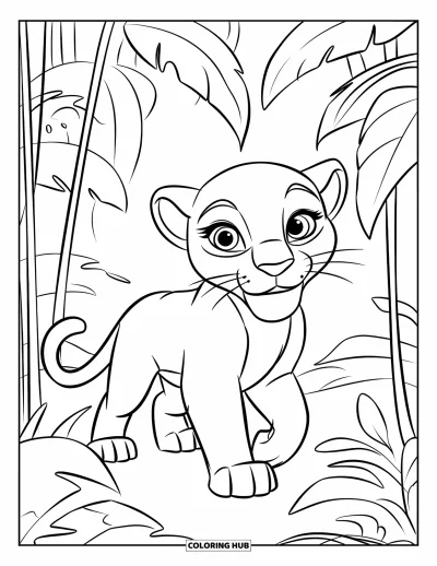 Panther-Ausmalbild für Kinder: Ein neugieriges Pantherjunges läuft durch hohe Dschungelblätter und hält sich sanft an einem fest