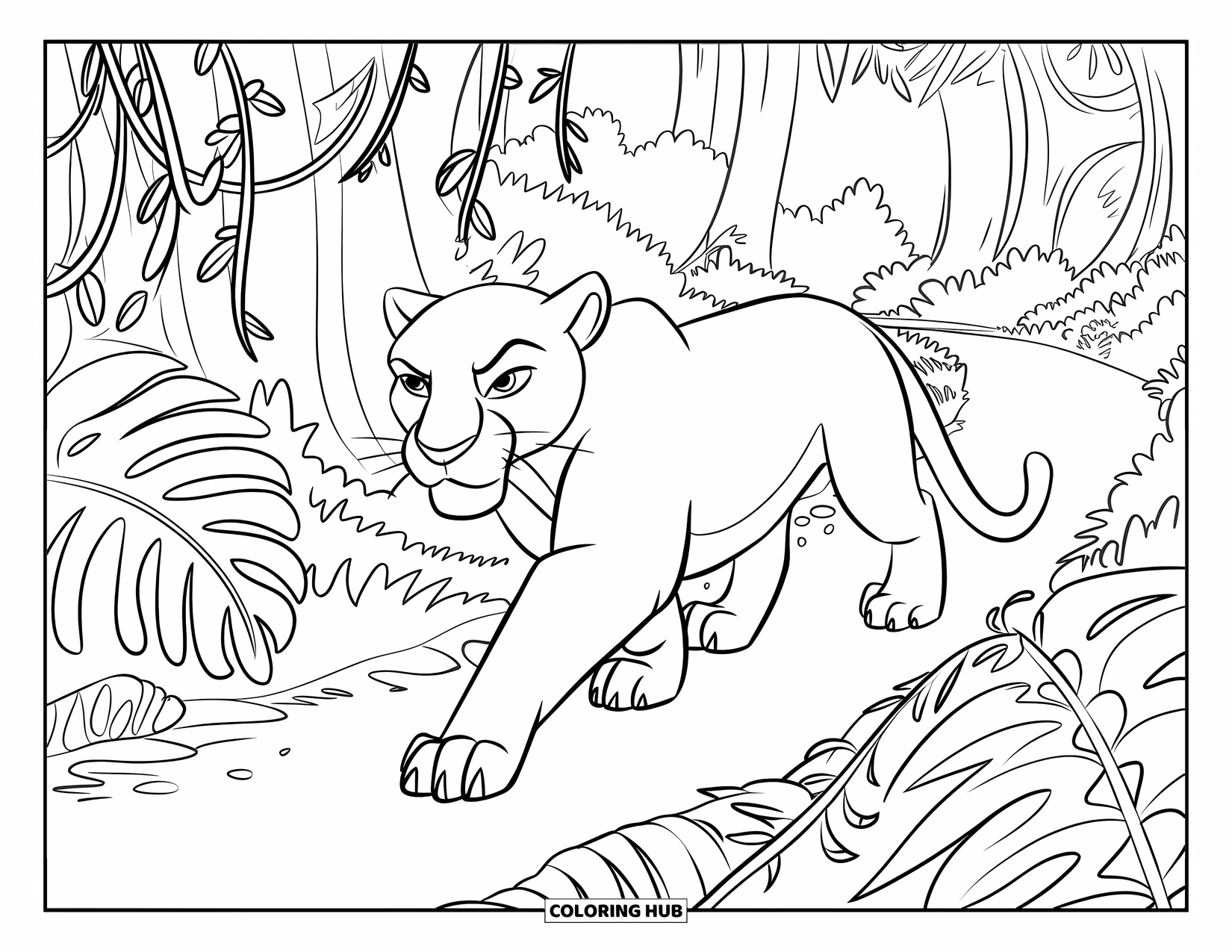Panther Coloring Page for Kids: A focused panther walks past ferns and hanging fruits in a deep jungle