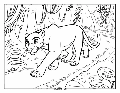 Panther-Ausmalbild für Kinder: Ein glänzender Panther schleicht auf einem farngesäumten Pfad durch dichten, felsigen Dschungel