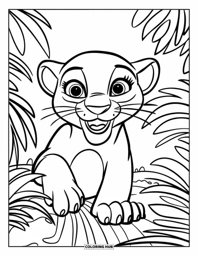 Panther-Ausmalbild für Kinder: Ein glückliches Jungtier schaut mit einem verspielten Blick durchs Gras