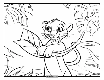 Panther-Ausmalbild für Kinder: Ein fröhliches Jungtier grinst beim Spielen mit einem großen Blatt zwischen Dschungelpflanzen