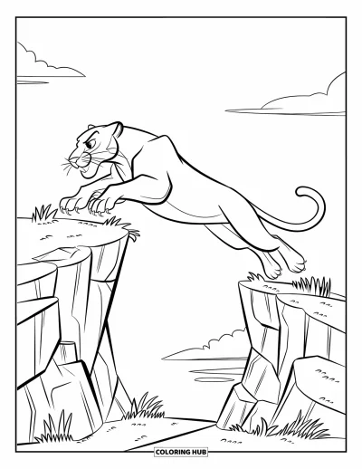 Panther-Ausmalbild für Kinder: Ein springender Panther fliegt über felsige Klippen unter einem klaren Himmel