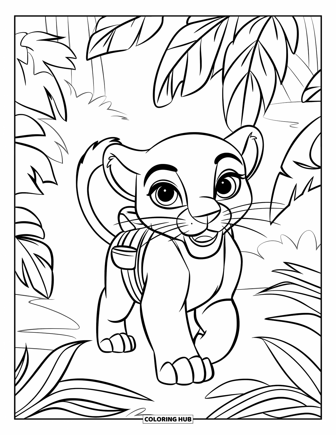 Panther Coloring Page for Kids: A panther cub with a tiny backpack explores leafy jungle plants with wide eyes
