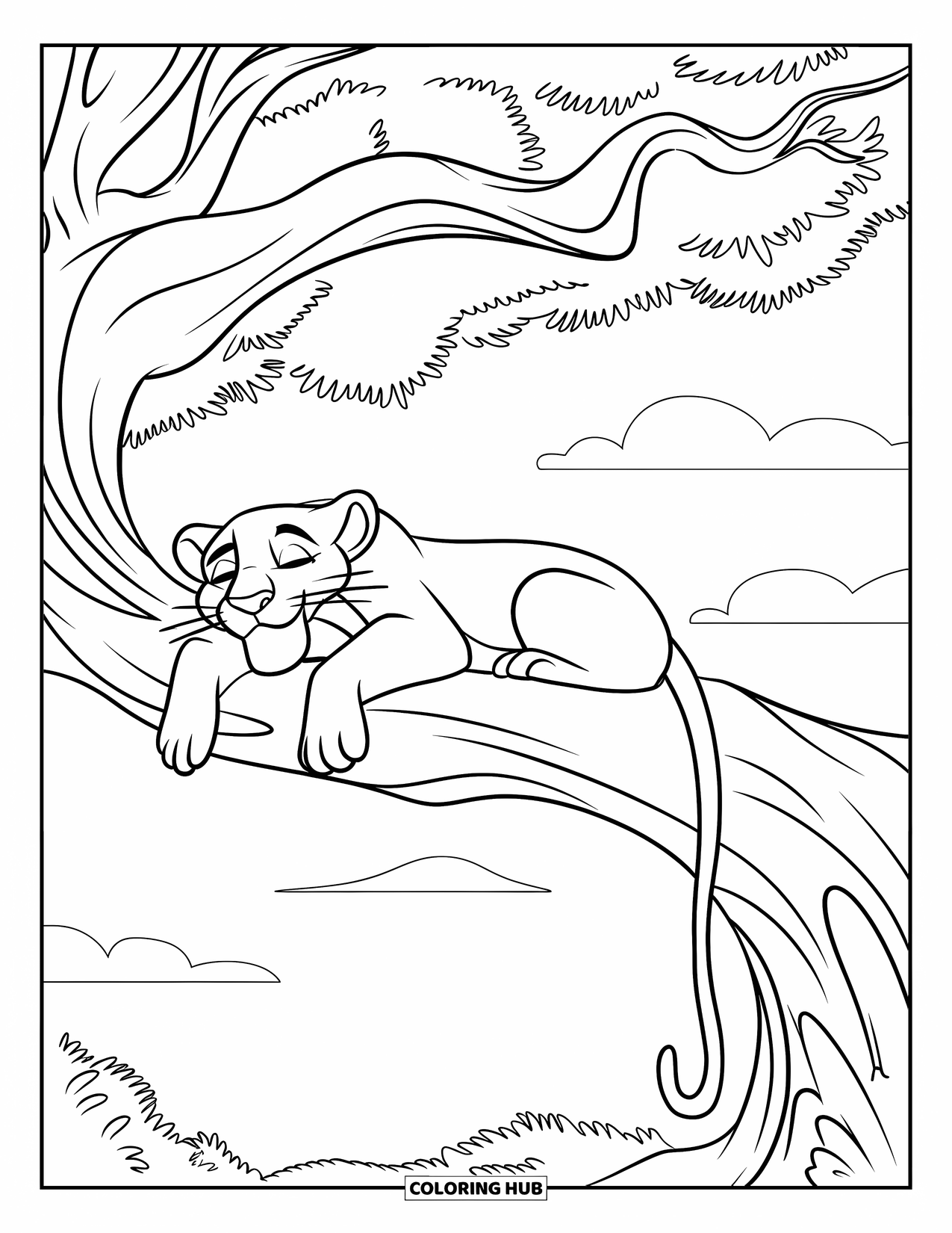 Panther Coloring Page for Kids: A panther dozes between tree limbs with its tail dangling gently