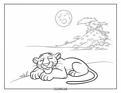Panther-Ausmalbild für Kinder: Ein Panther liegt im Mondlicht, umgeben von Bäumen und weichen Schatten