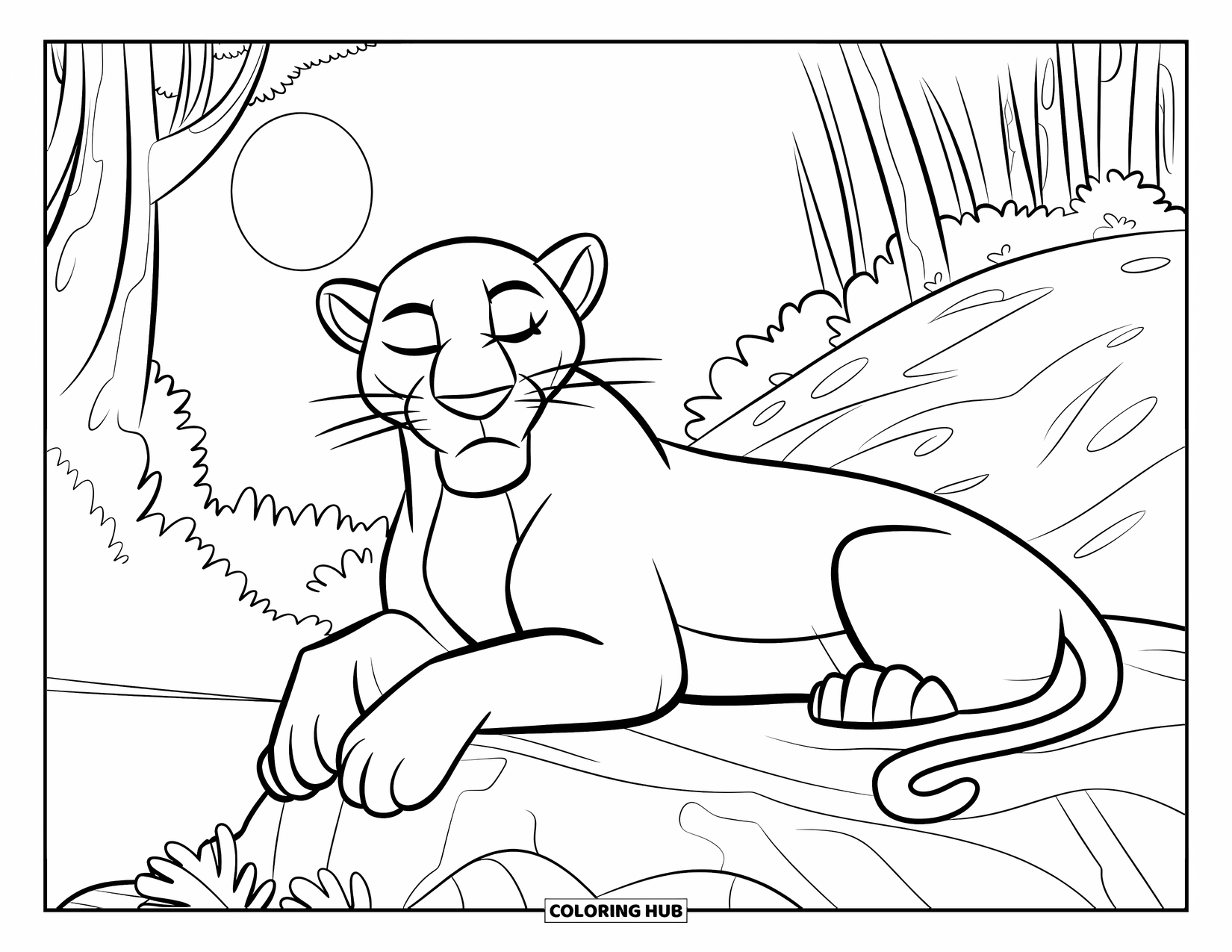 Panther Coloring Page for Kids: A panther naps on a rock under moonlight in a thick jungle