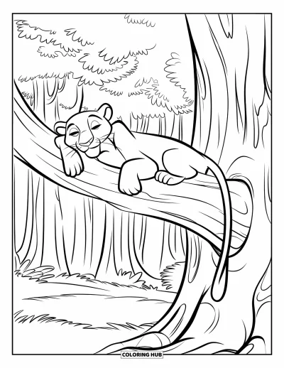 Panther-Ausmalbild für Kinder: Ein Panther ruht auf einem stabilen Ast, umgeben von hohen Bäumen in einem ruhigen Wald