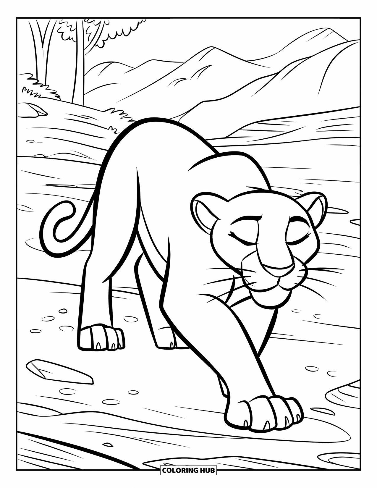 Panther Coloring Page for Kids: A panther walks along rocks near the river, eyes closed and tail curled