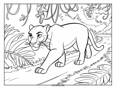 Panther-Ausmalbild für Kinder: Ein Panther schleicht tief gebückt auf einem lianierten Dschungelpfad, wachsam und bereit