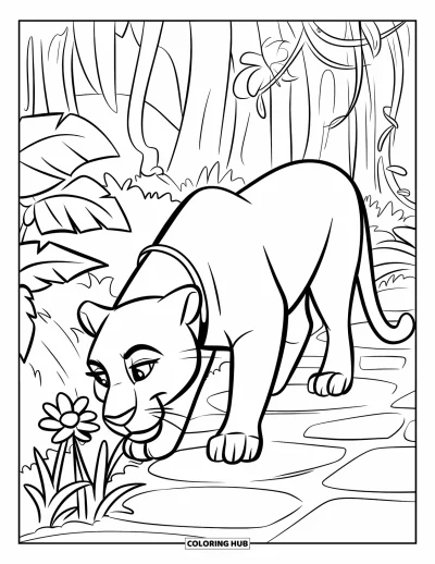 Panther-Ausmalbild für Kinder: Ein Panther mit Halsband macht eine Pause, um Blumen auf einem dicht bewachsenen Dschungelpfad zu beschnuppern