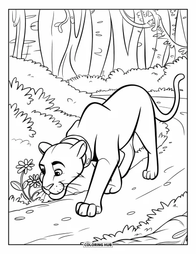 Panther-Ausmalbild für Kinder: Ein Panther mit Halsband beschnuppert Blumen auf einem Dschungelpfad