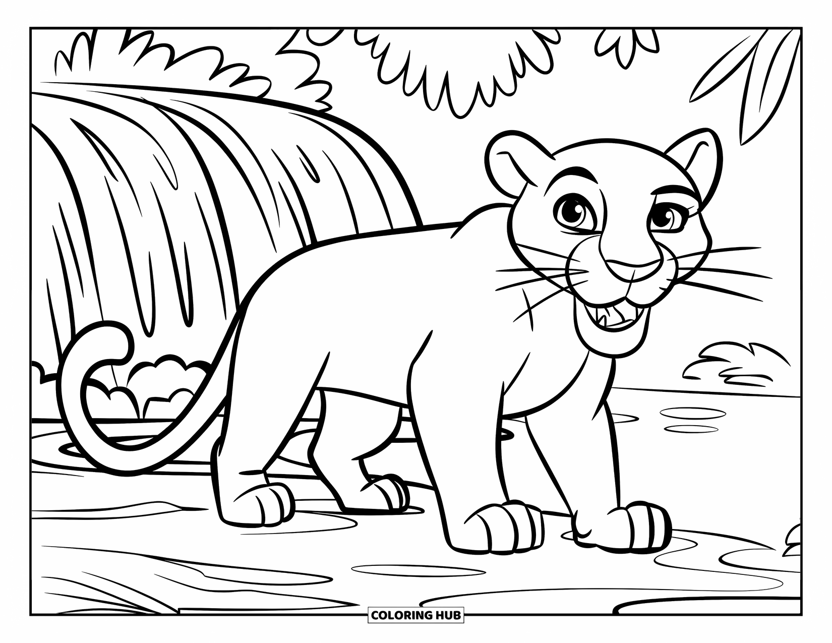 Panther Coloring Page for Kids: A panther with a collar stands near a jungle waterfall and lush plants