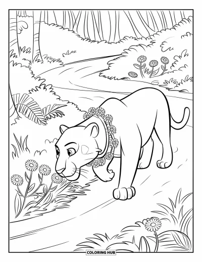 Panther-Ausmalbild für Kinder: Ein Panther mit Blumengirlande beschnuppert Blüten neben einem üppigen Dschungelpfad