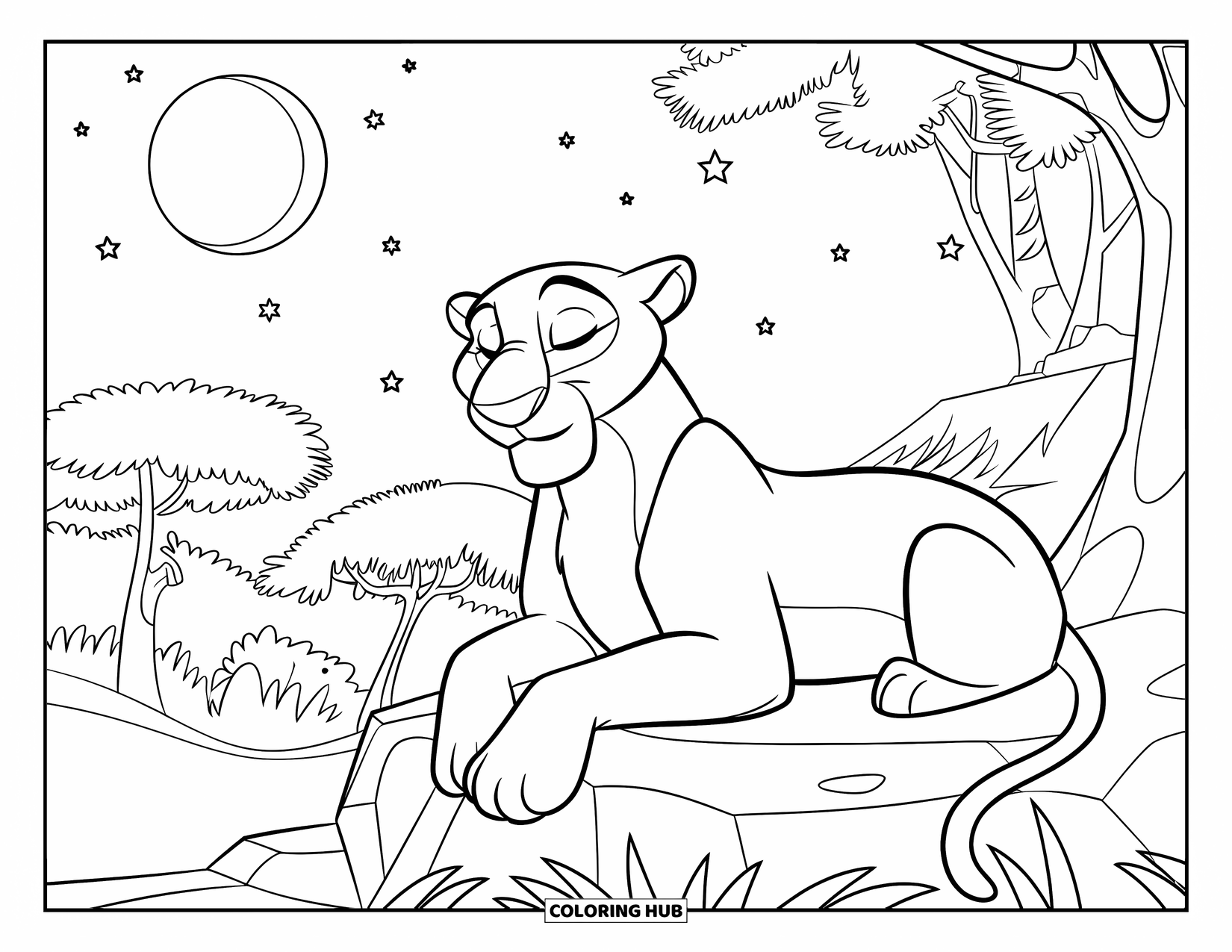 Panther Coloring Page for Kids: A peaceful panther sits quietly under the stars near a jungle hill