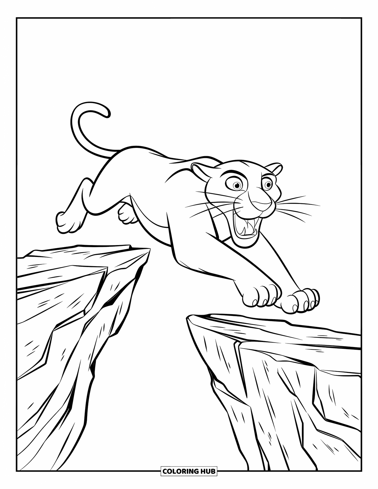 Panther Coloring Page for Kids: A roaring panther leaps between rocky cliffs in midair