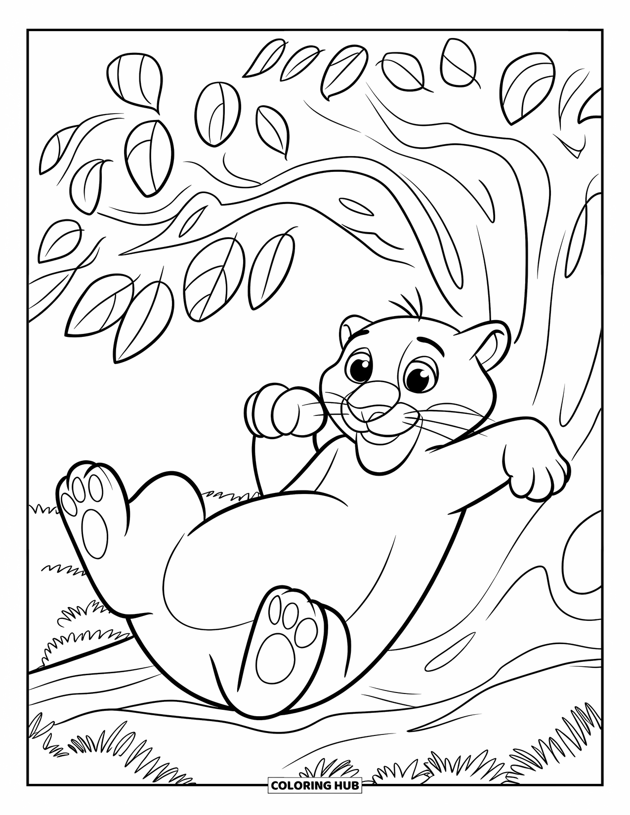Panther Coloring Page for Kids: A round-eyed panther lies under leafy branches in a sunny field