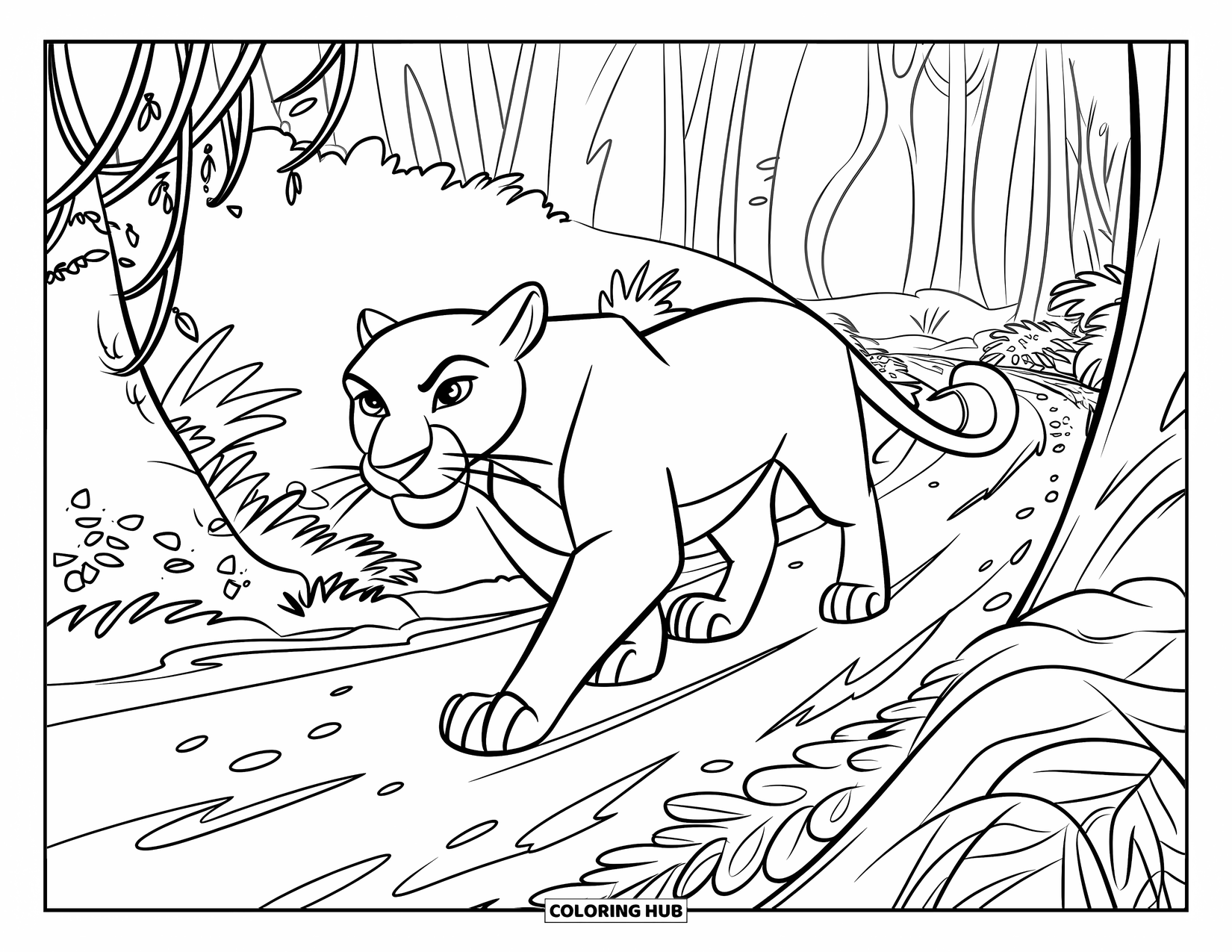 Panther Coloring Page for Kids: A sleek panther strolls a muddy jungle path surrounded by tall trees and hanging vines