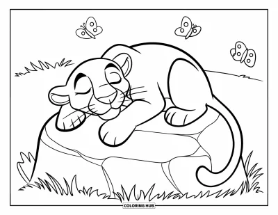 Panther-Ausmalbild für Kinder: Ein müder Panther schläft auf einem großen Felsen, während Schmetterlinge um ihn flattern