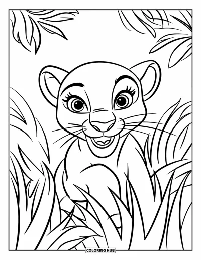 Panther-Ausmalbild für Kinder: Ein lächelndes Jungtier schaut verspielt aus hohem Dschungelgras hervor