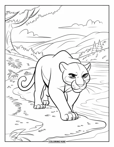Panther-Ausmalbild für Kinder: Ein kräftiger Panther läuft nahe Wasser und Bäumen mit eingerolltem Schwanz und ausgefahrenen Krallen