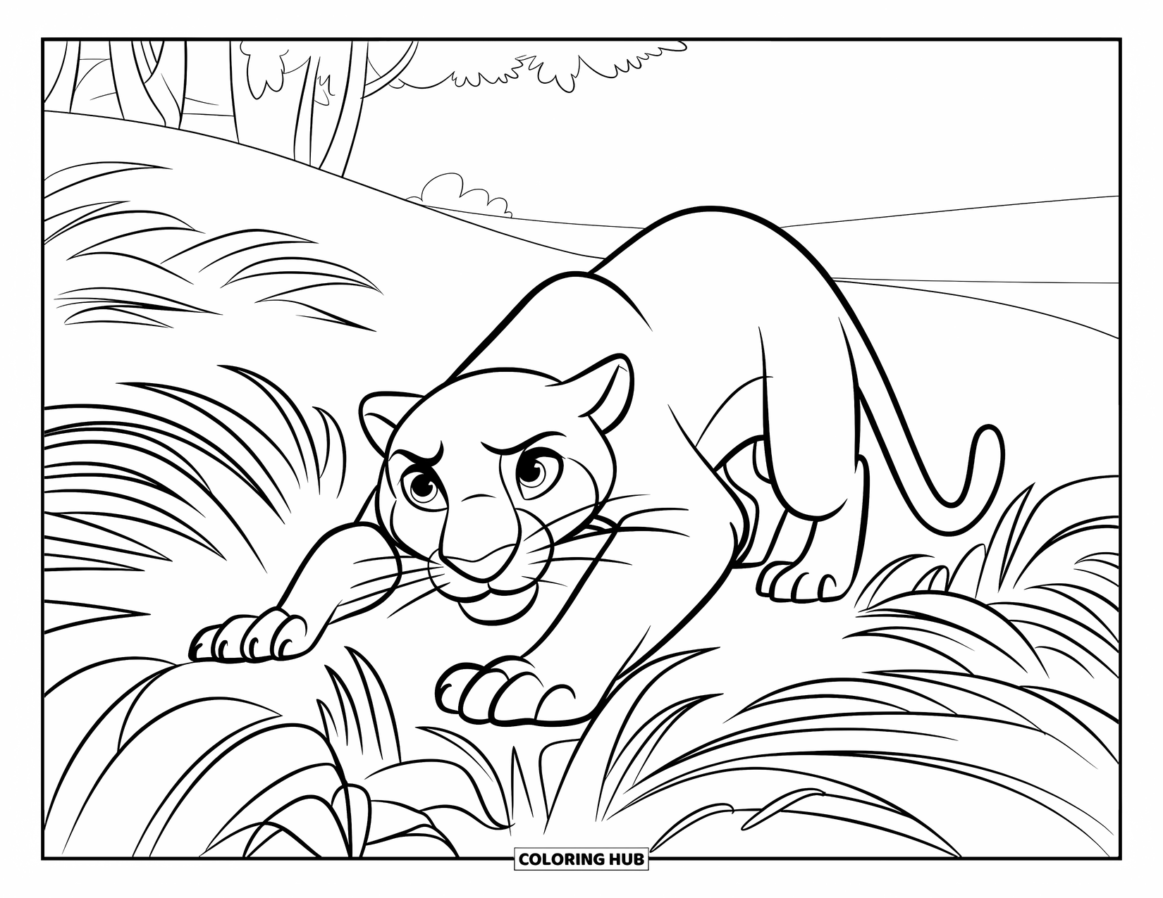 Panther Coloring Page for Kids: A tense panther crouches in tall grass, watching silently in the open field
