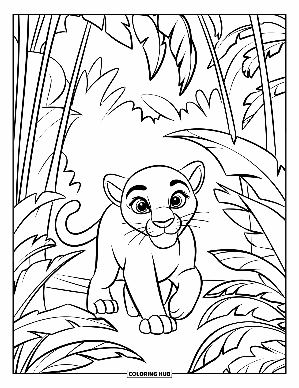 Panther Coloring Page for Kids: A wide-eyed cub walks through thick jungle leaves and hanging branches