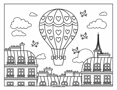 Coloriage de Paris pour adultes : Un ballon orné de nœuds flotte au-dessus des toits avec des fleurs et la skyline de Paris