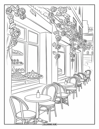 Coloriage de Paris pour adultes : Un café à la lueur des bougies avec des pâtisseries, des roses grimpantes et une atmosphère de crépuscule