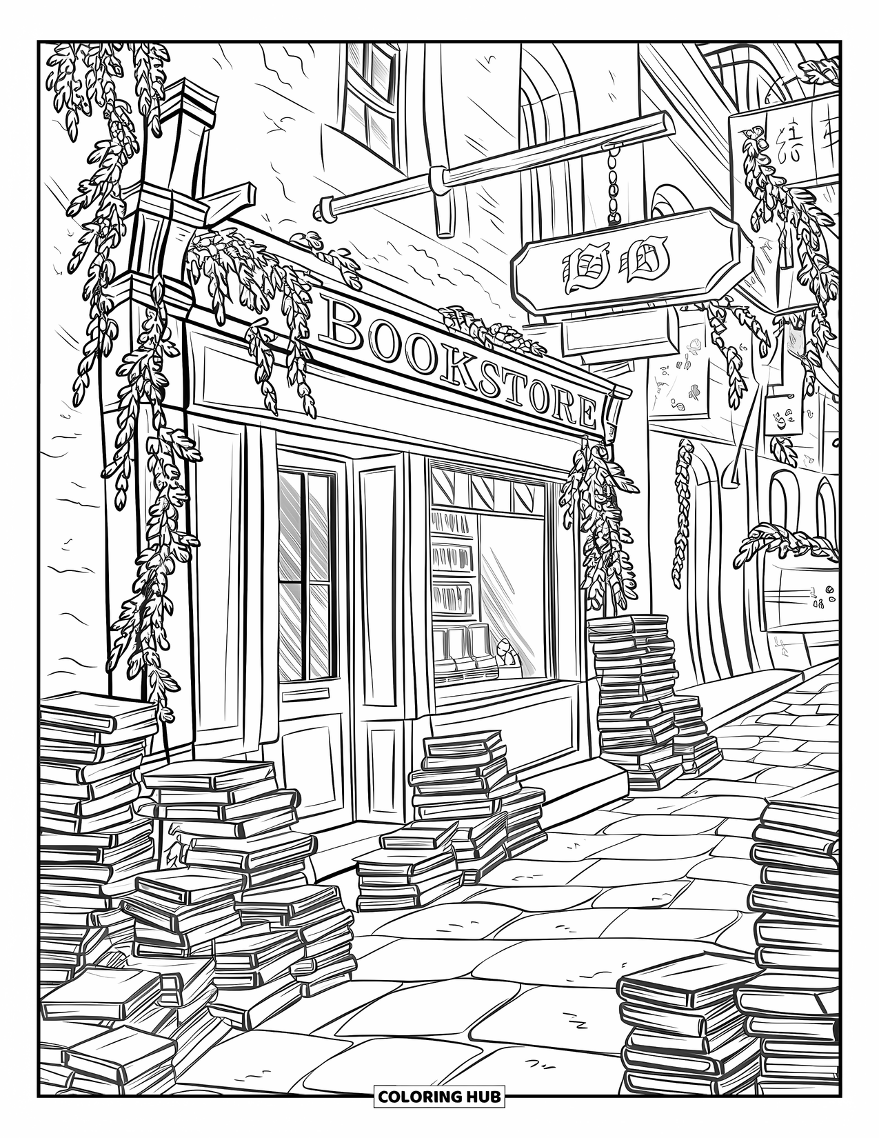 Paris Coloring Page for Adults: A charming book alley with crates, lanterns, and an old bookstore entrance