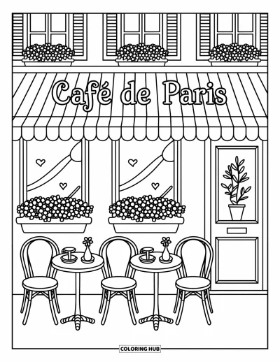 Coloriage de Paris pour adultes : Un café plein de charme propose des croissants et des fleurs sur des tables rondes sous une enseigne rayée