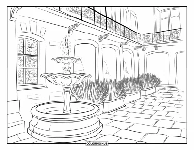 Coloriage de Paris pour adultes : Une cour charmante avec des balcons, de la lavande en pot et une élégante fontaine ancienne