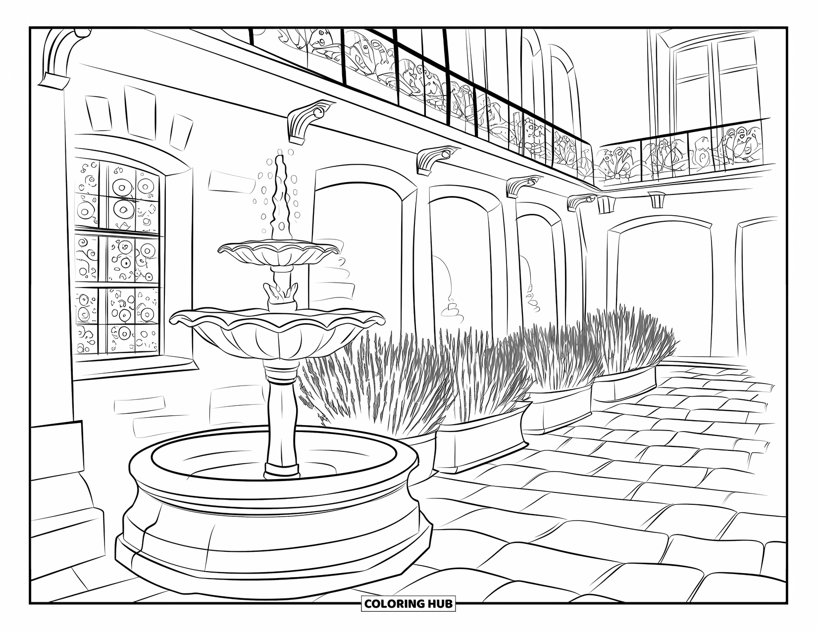 Paris Coloring Page for Adults: A charming courtyard with balconies, potted lavender, and a graceful old fountain