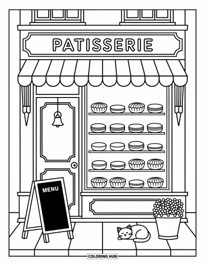 Coloriage de Paris pour adultes : Une pâtisserie rayonnante avec des douceurs et un chat endormi invite les passants à s'arrêter