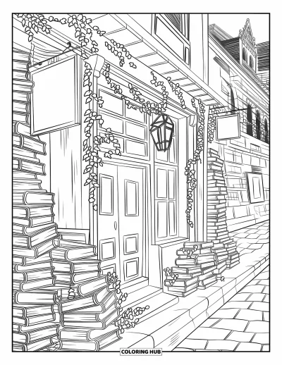 Coloriage de Paris pour adultes : Une librairie chaleureuse nichée dans une ruelle couverte de lierre avec des caisses de livres et des lanternes