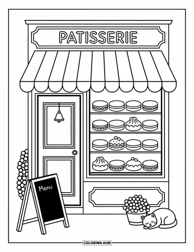 Coloriage de Paris pour adultes : Une pâtisserie chaleureuse présente des gâteaux en vitrine, avec un chat qui somnole près d'une plante