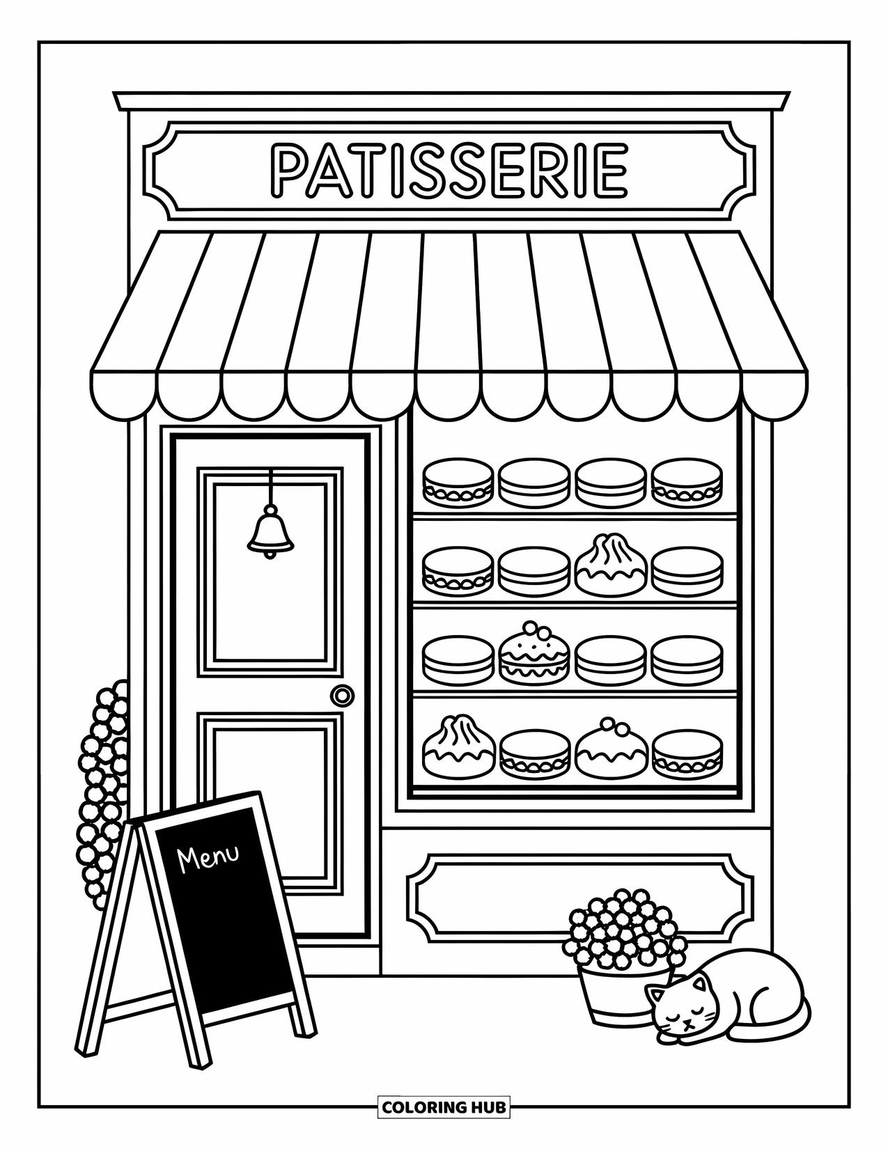 Paris Coloring Page for Adults: A cozy patisserie shows pastries in the window, with a cat napping beside a plant