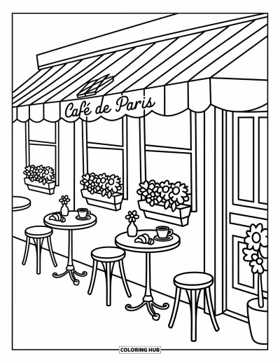 Coloriage de Paris pour adultes : Un café en terrasse accueillant propose des croissants, du thé et des fleurs sous un adorable auvent rayé