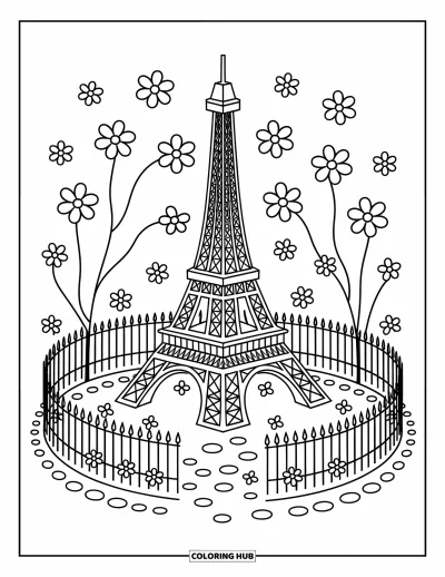 Coloriage de Paris pour adultes : Une mignonne tour Eiffel entourée de fleurs et de pétales sur un sol pavé