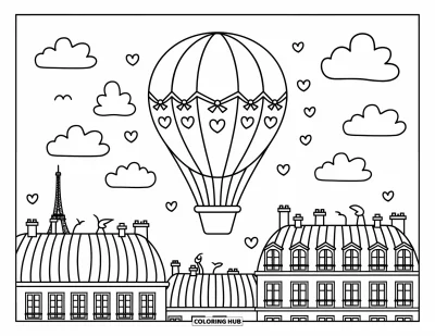 Coloriage de Paris pour adultes : Une montgolfière dérive au-dessus des toits de Paris avec des oiseaux et la tour Eiffel en arrière-plan