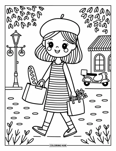 Coloriage de Paris pour adultes : Une jeune fille en robe rayée longe un café fleuri avec une baguette à la main