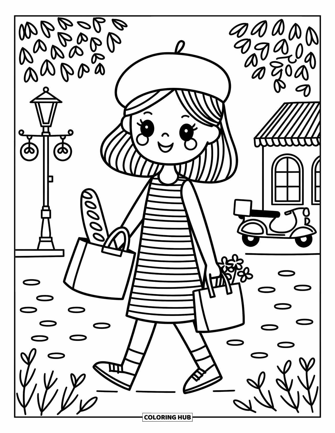 Paris Coloring Page for Adults: A girl in a striped dress walks past a cozy cafÈ with flowers and baguette