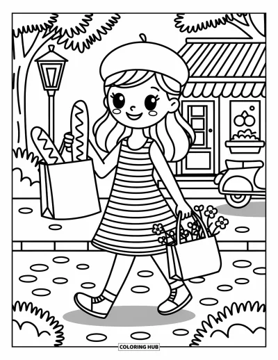 Coloriage de Paris pour adultes : Une jeune femme souriante en béret passe devant un café avec des fleurs et une baguette à la main