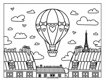Coloriage de Paris pour adultes : Un ballon orné de cœurs flotte au-dessus des toits parisiens avec des oiseaux, des nuages et la tour Eiffel